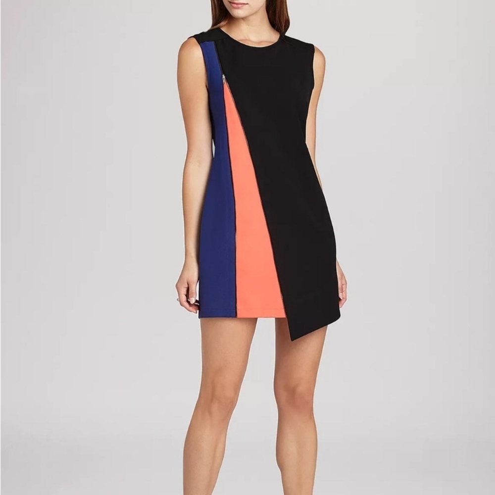 BCBGMaxAzria Blue Black Orange Nikole Asymmetrical Zip Sheath Dress - Size 08